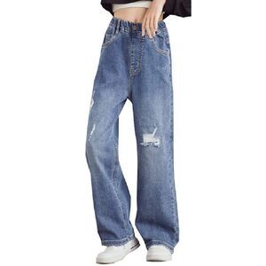 SANGTREE Girls Women's Casual Wide Leg Jeans, 4-14 Years S-XL Small 1#ripped Bl